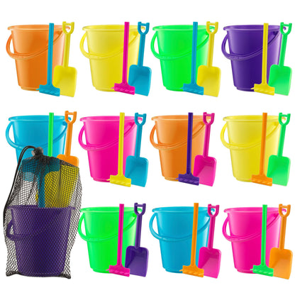 Mini 4.5-Inch Beach Buckets for Kids - (12 Pack) Sand Buckets and Shovels w/Rakes & Mesh Bags - Small Beach Pails - Sturdy Unbreakable Plastic - Beach Party Favors & Giveaways for Toddlers Ages 3-6