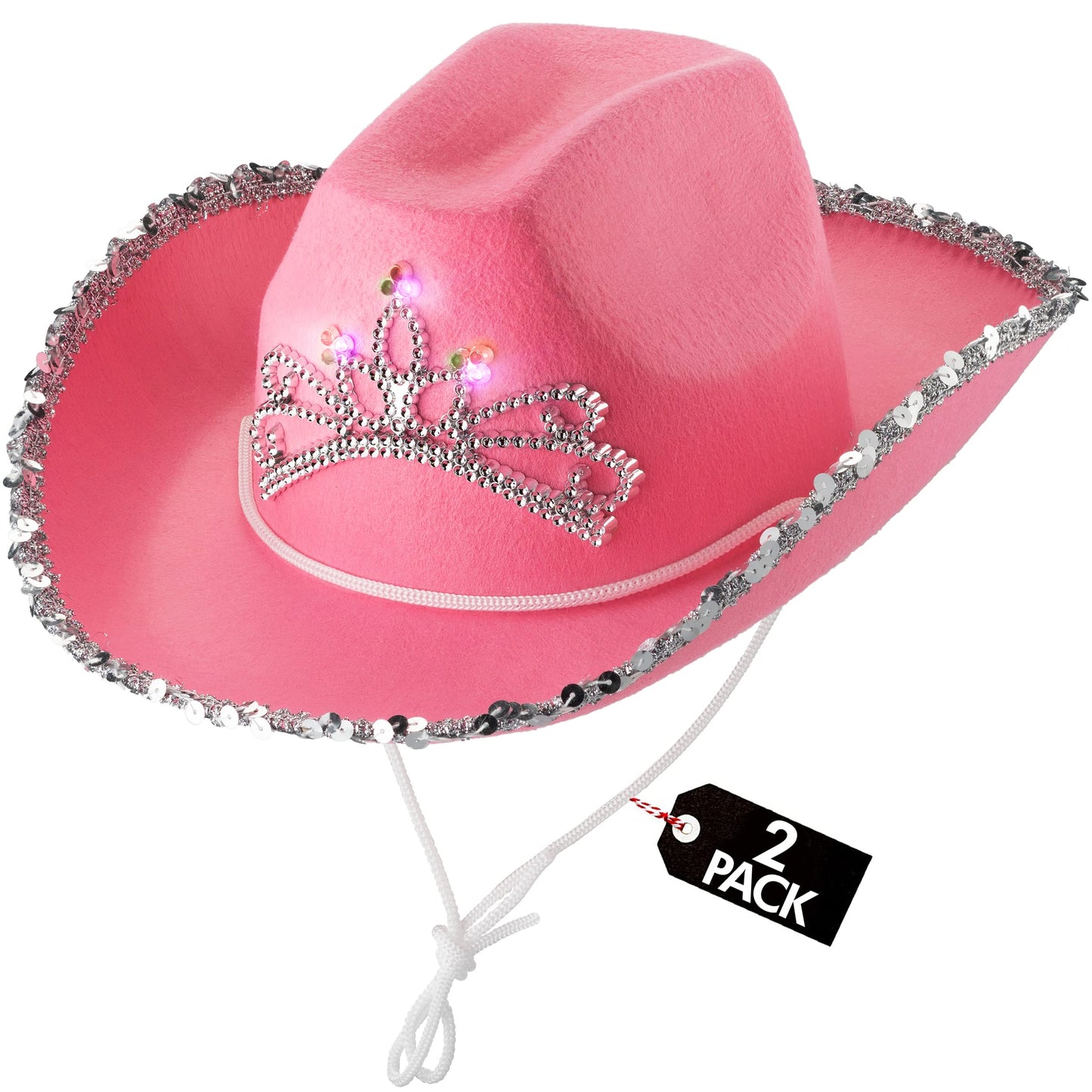 Bedwina Light Up Pink Cowgirl Hat for Girls - (Pack of 2) Kids Cowboy Hat with Blinking Tiara Sequin Trim Fringe and Drawstring, Felt Girls Pink Cowboy Hat Costume Party Accessory, Dress-Up, 6x7-Inch