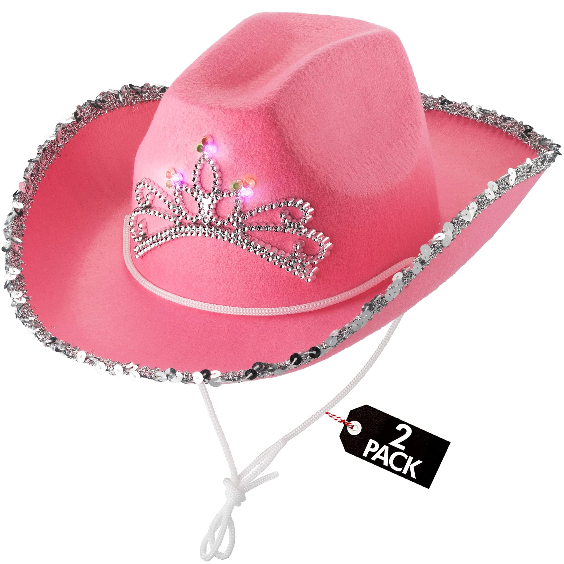 Bedwina Light Up Pink Cowgirl Hat for Girls - (Pack of 2) Kids Cowboy Hat with Blinking Tiara Sequin Trim Fringe and Drawstring, Felt Girls Pink Cowboy Hat Costume Party Accessory, Dress-Up, 6x7-Inch