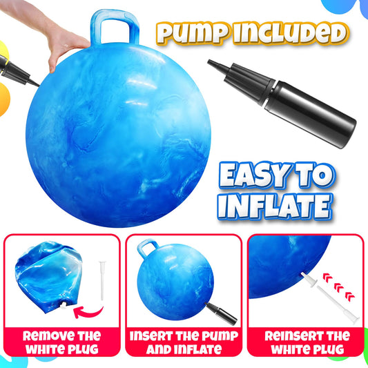 Bedwina Hopper Ball with Handle for Kids 22-inch (55cm) Bouncy Balls for Kids, Jumping Kangaroo Hippity Hop, Hopping Sit and Spin with Handle with Hand Pump, Marble Blue & White