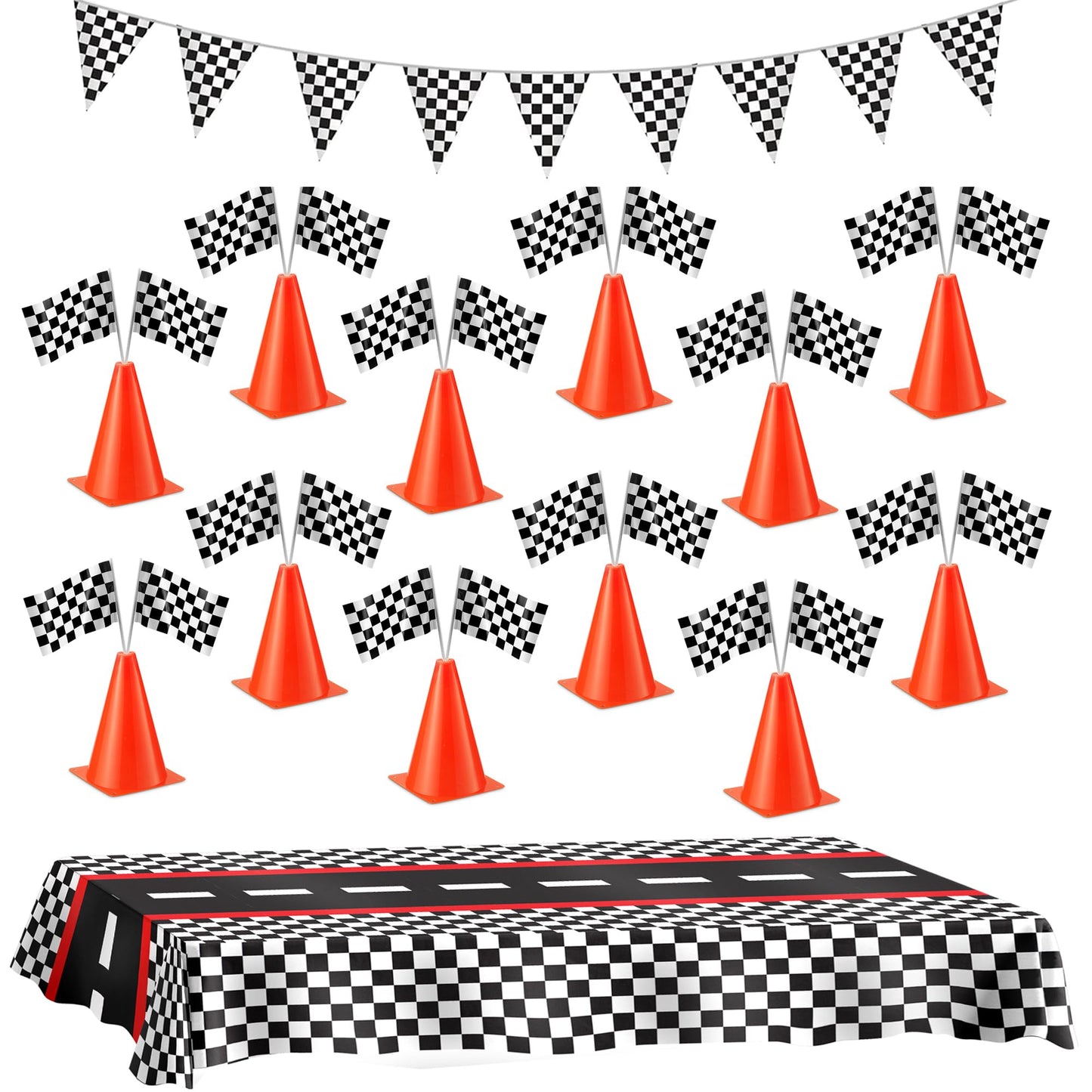 Racing Cars Birthday Decorations - Racecar Centerpiece Decoration Kit for Kids - (12) Orange Traffic Cones, (24) Checkered Flags, Plastic Tablecloth (54"x108") Birthday Banner Race Car Theme (38pcs)