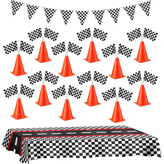 Racing Cars Birthday Decorations - Racecar Centerpiece Decoration Kit for Kids - (12) Orange Traffic Cones, (24) Checkered Flags, Plastic Tablecloth (54"x108") Birthday Banner Race Car Theme (38pcs)