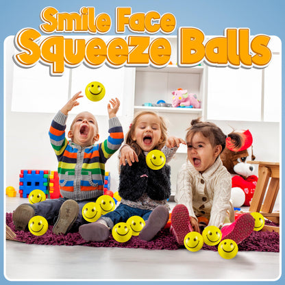 Smile Face Squeeze Balls (24 Pcs Bulk) for Kids and Adults, 2 Inch Mini Yellow Fun Happy Face Stress Anxiety Relief Balls, Hand Therapy Sensory Fidget Toy, Classrooms, Game Prize, Party Favor Gift