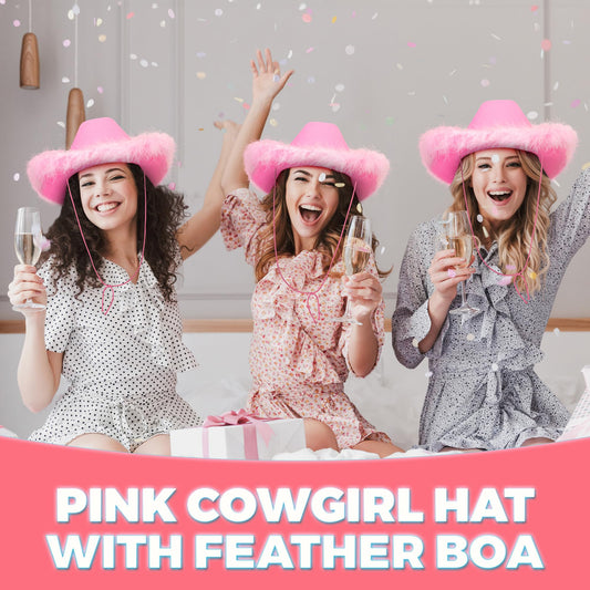 Bedwina Pink Cowgirl Hat with Feather Boa - Cowboy Hat for Women, Teenage Girls with Fluffy Feather Brim for Bachelorette, Theme Costume Party, Role-Playing Dress-Up, Adult Size