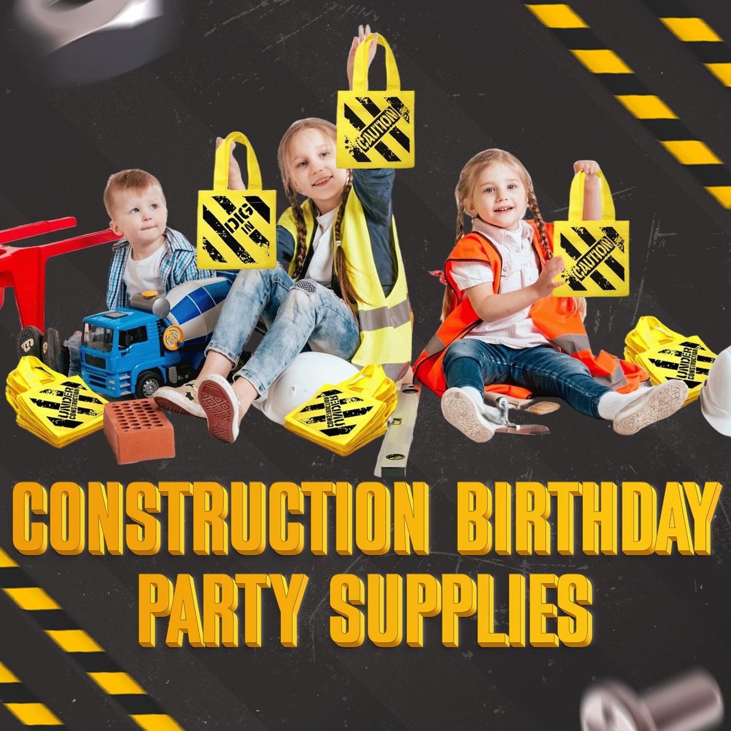 Bedwina Construction Birthday Party Supplies 12 Under Construction Party Decorations Themed Mini Non-Woven Canvas Tote Gift Bags with Handles for Kids and Goodie Bags for Boys