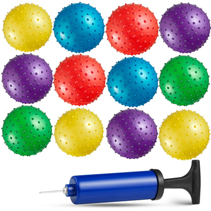 Bedwina Mini Knobby Balls - (Pack of 12) Bulk 5 Inch Sensory Balls and Spiky Massage Stress Balls with Pump, Fun Bouncy Ball Party Favors