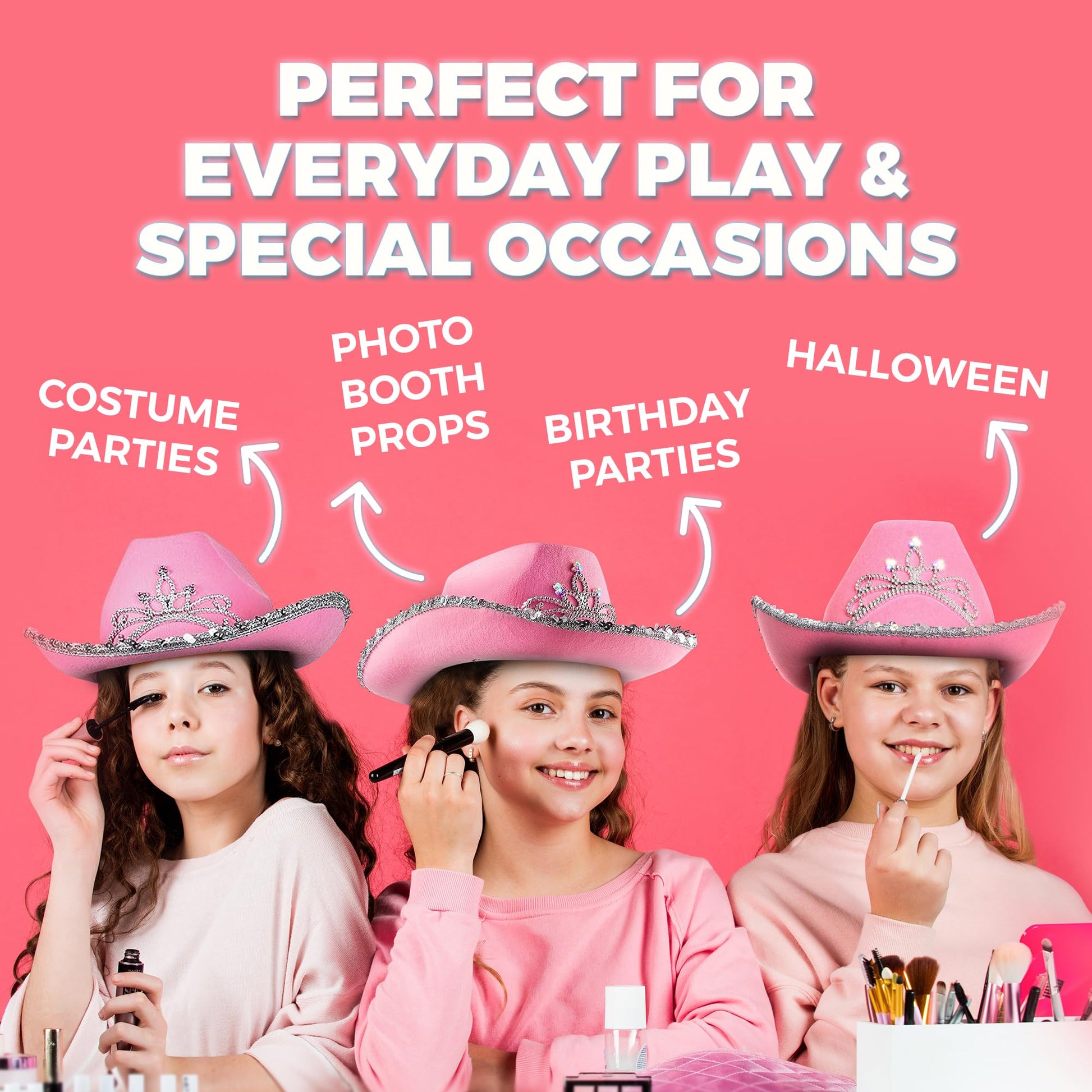 Bedwina Light Up Pink Cowgirl Hat for Girls - (Pack of 2) Kids Cowboy Hat with Blinking Tiara Sequin Trim Fringe and Drawstring, Felt Girls Pink Cowboy Hat Costume Party Accessory, Dress-Up, 6x7-Inch