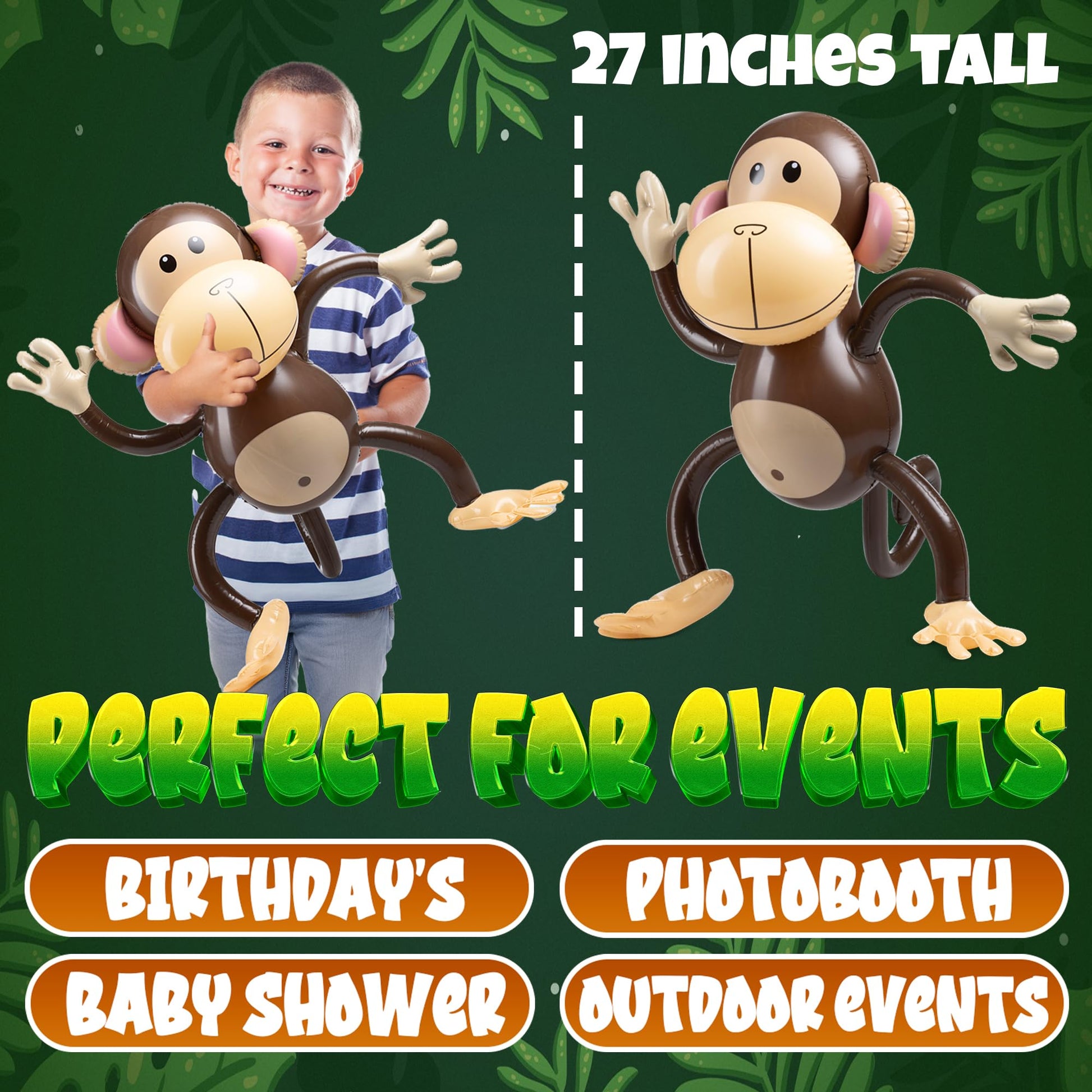Large Inflatable Monkey (Pack of 3) 27-Inch Monkeys for Baby Shower, Safari, Jungle Themed Birthdays, Blow Up Animal Party Favors and Decorations for Kids and Toddlers