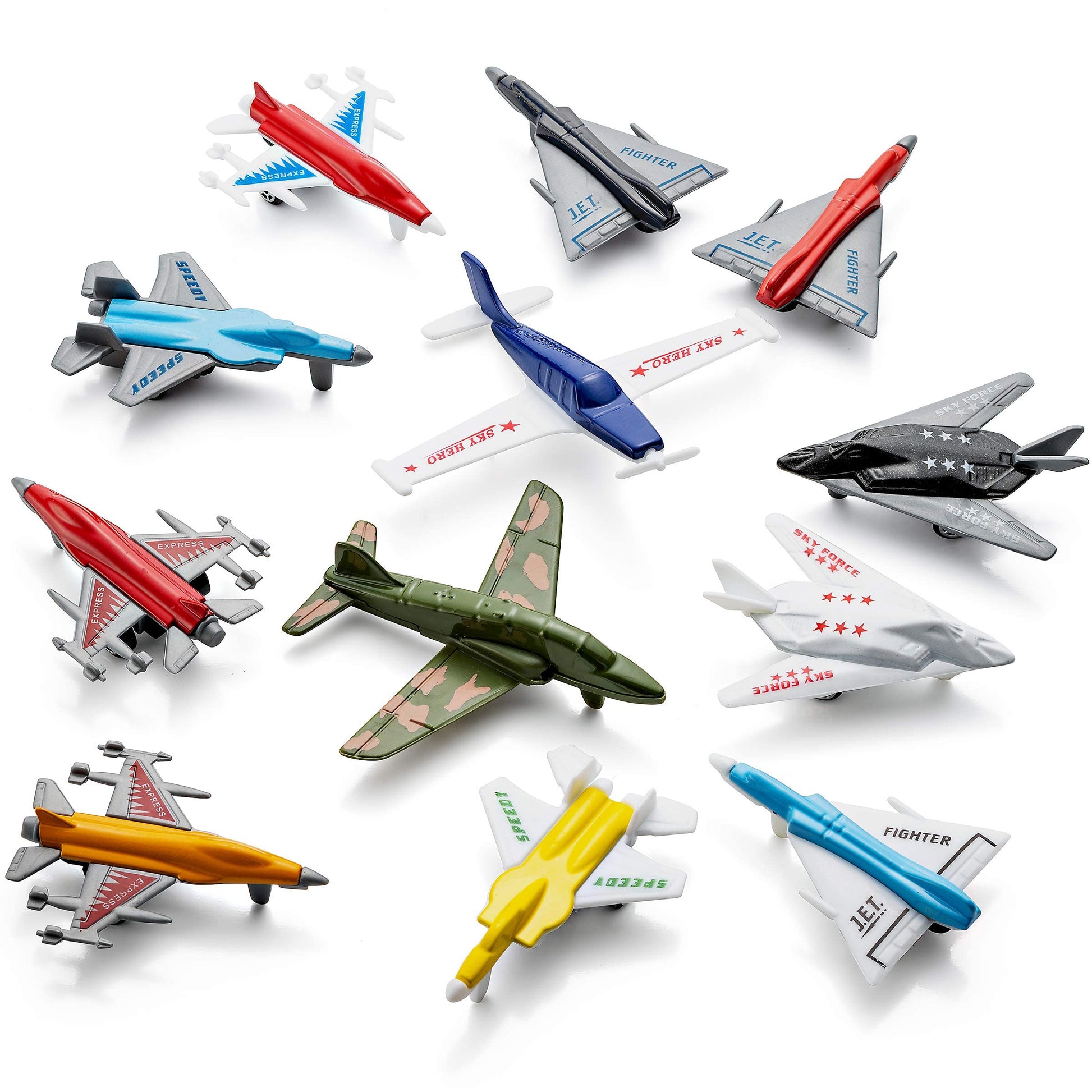 Bedwina Airplane Toys - 12 Pack Vehicle Aircraft Plane Playset, Includes Styles of Bomber, Military, F-16 Fighter Jets, for Birthday Party Favor Toys, for Kids Boys and Girls (Styles May Very)