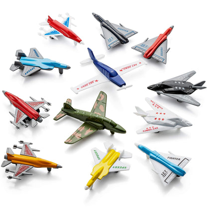 Bedwina Airplane Toys - 12 Pack Vehicle Aircraft Plane Playset, Includes Styles of Bomber, Military, F-16 Fighter Jets, for Birthday Party Favor Toys, for Kids Boys and Girls (Styles May Very)