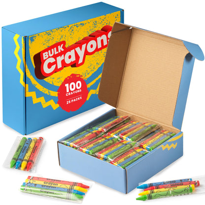 Bulk Crayons 100 Pack (25 Sets of 4) - Individually Wrapped Crayons Party Favors for Kids, Restaurants, Classrooms, Birthday Goodie Bags, School Supplies, Travel, Toddler Coloring Fun, Non-Toxic Wax