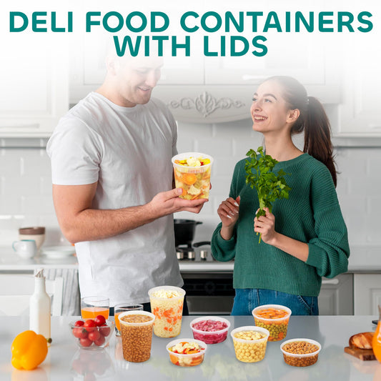 JoyServe Deli Food Containers with Lids - (24 Pack) 8 Sets of Each Size - 8 Oz - Cup / 16 Oz - Pint / 32 Oz - Quart Sizes Food Storage Takeout Meal Prep Storage, BPA-Free, Dishwasher, Microwave Safe