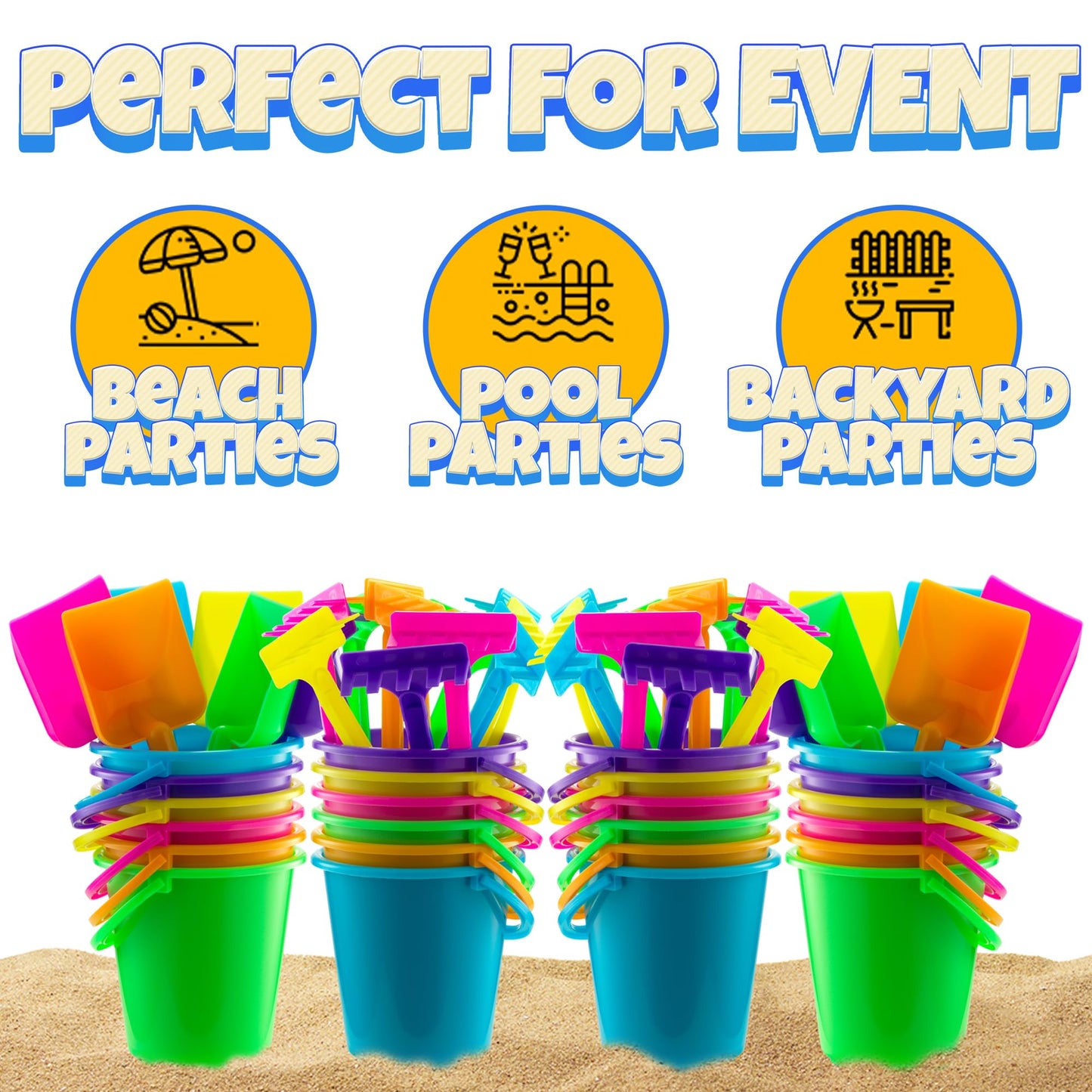 Mini 4.5-Inch Beach Buckets for Kids - (12 Pack) Sand Buckets and Shovels w/Rakes & Mesh Bags - Small Beach Pails - Sturdy Unbreakable Plastic - Beach Party Favors & Giveaways for Toddlers Ages 3-6