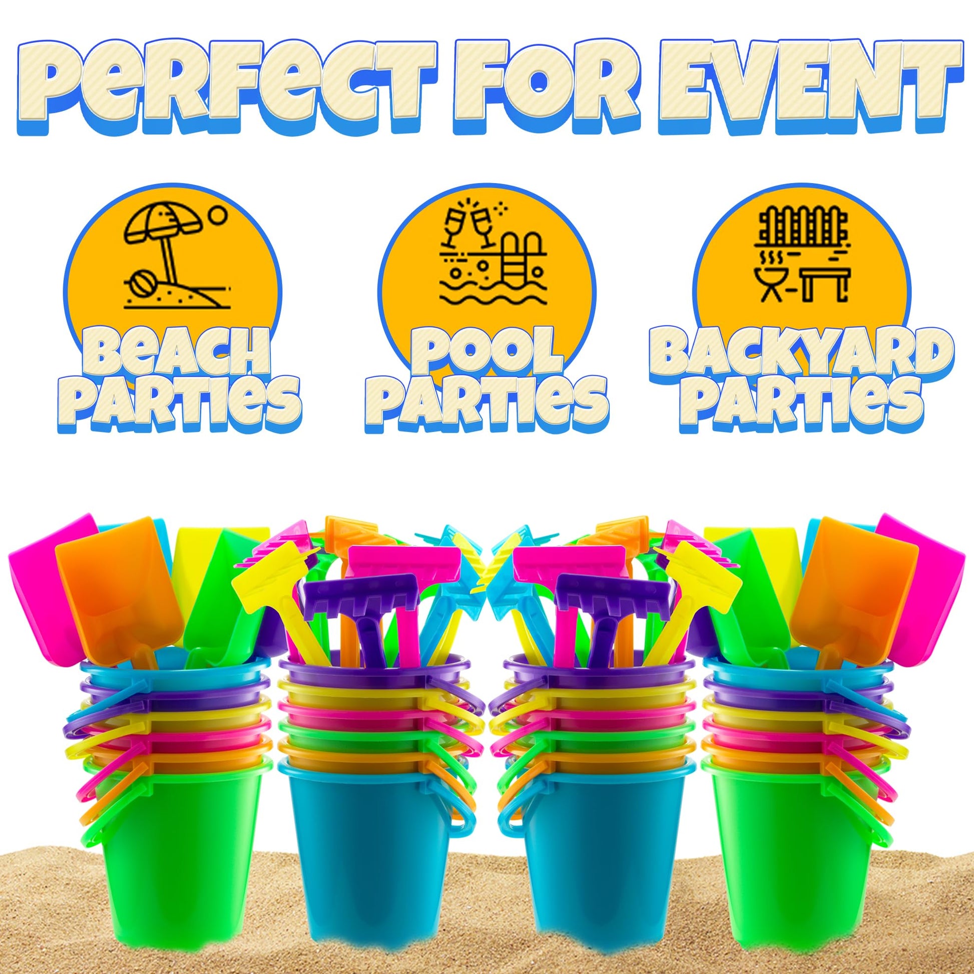 Mini 4.5-Inch Beach Buckets for Kids - (12 Pack) Sand Buckets and Shovels w/Rakes & Mesh Bags - Small Beach Pails - Sturdy Unbreakable Plastic - Beach Party Favors & Giveaways for Toddlers Ages 3-6