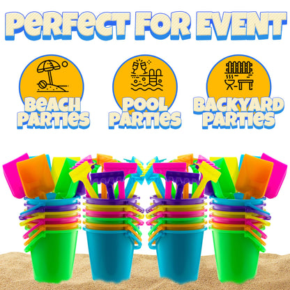 Mini 4.5-Inch Beach Buckets for Kids - (36 Pack) Sand Buckets and Shovels w/Rakes & Mesh Bags - Small Beach Pails - Sturdy Unbreakable Plastic - Beach Party Favors & Giveaways for Toddlers Ages 3-6