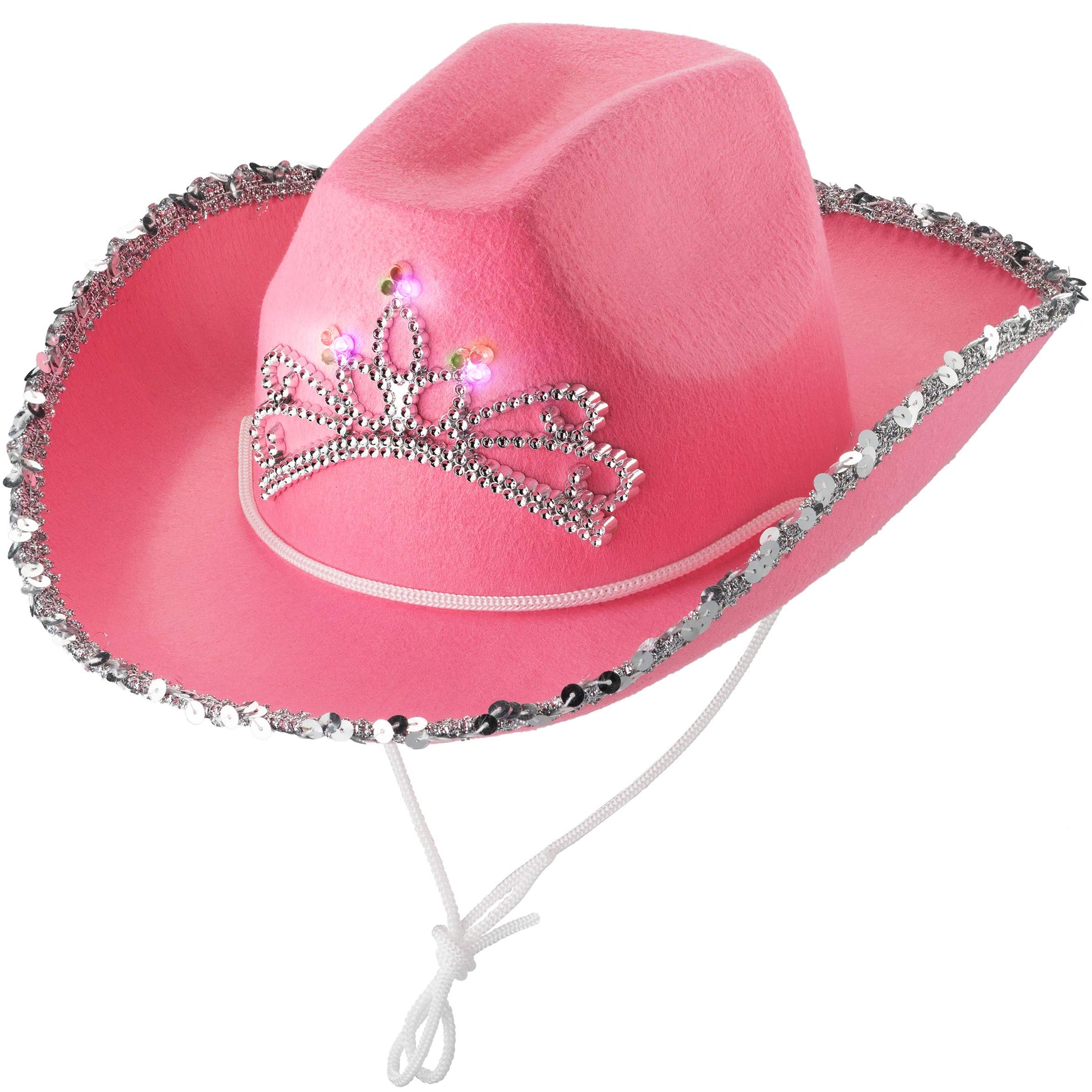 Bedwina Light Up Pink Cowgirl Hat for Girls - (Pack of 2) Kids Cowboy Hat with Blinking Tiara Sequin Trim Fringe and Drawstring, Felt Girls Pink Cowboy Hat Costume Party Accessory, Dress-Up, 6x7-Inch