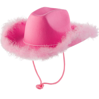 Bedwina Pink Cowgirl Hat with Feather Boa - Cowboy Hat for Women, Teenage Girls with Fluffy Feather Brim for Bachelorette, Theme Costume Party, Role-Playing Dress-Up, Adult Size