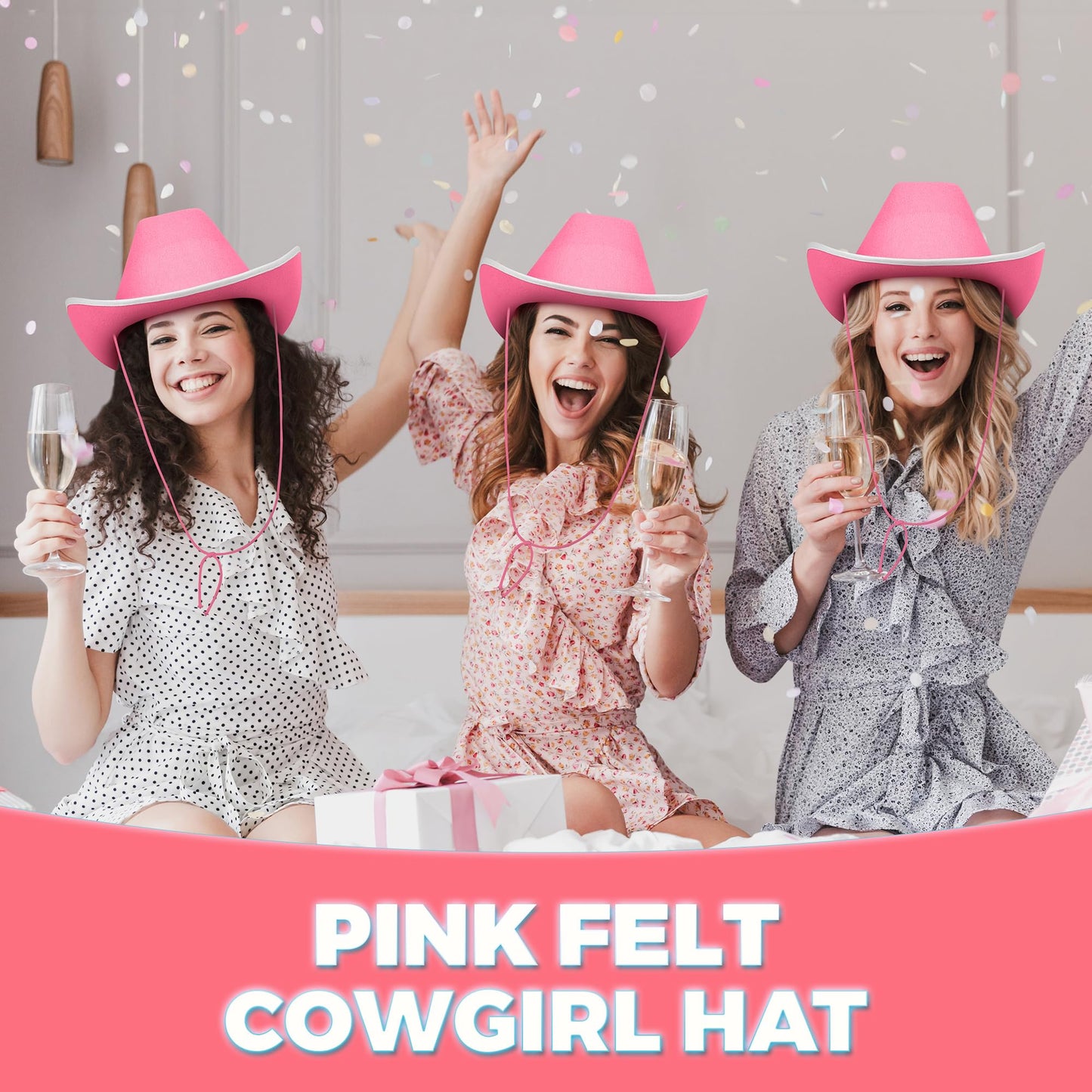 Bedwina Pink Cowgirl Hat - Felt Cowboy Hat with White Trim and Adjustable Neck-String, Fits Most Women and Teen Girls for Bachelorette, Play Costume Accessories, Themed Party or Dress-Up