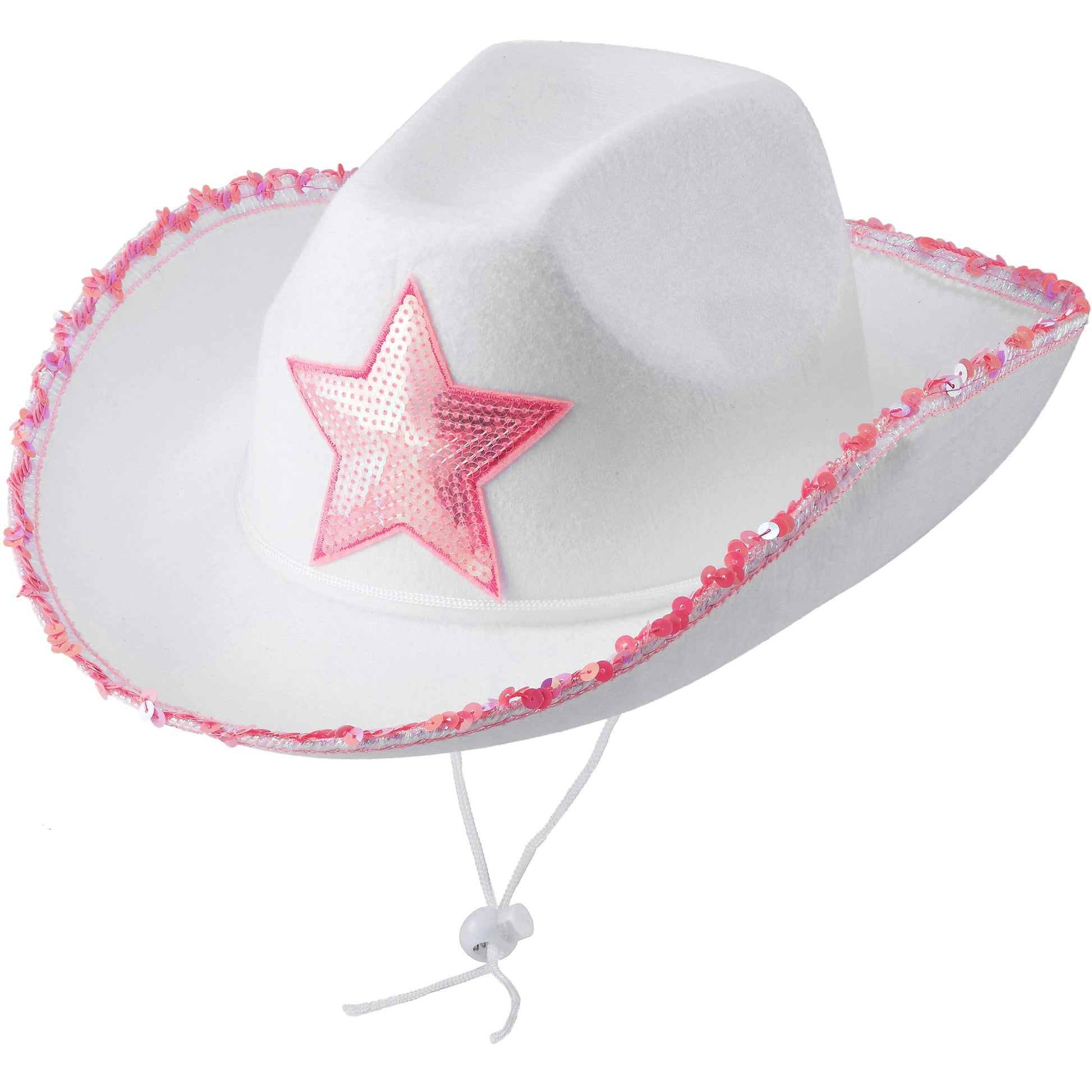 Bedwina White Cowgirl Hat - (pack Of 2) Adult Size Pink Star Cowboy Hats For Women With Sequin Trim Fringe, Adjustable Neck Drawstring For Costume Party, Play Dress-up