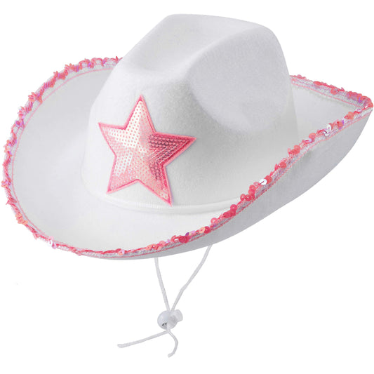 Bedwina White Cowgirl Hat - (pack Of 2) Adult Size Pink Star Cowboy Hats For Women With Sequin Trim Fringe, Adjustable Neck Drawstring For Costume Party, Play Dress-up