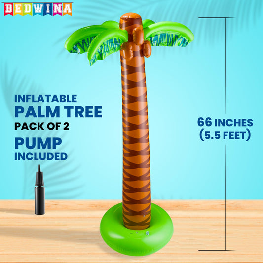 Bedwina Inflatable Palm Tree with Hand Pump - Pack of 2 Large 5.5 Ft Blow Up Palm Tree for Luau Party Decorations, Hawaiian Tropical Birthday Party
