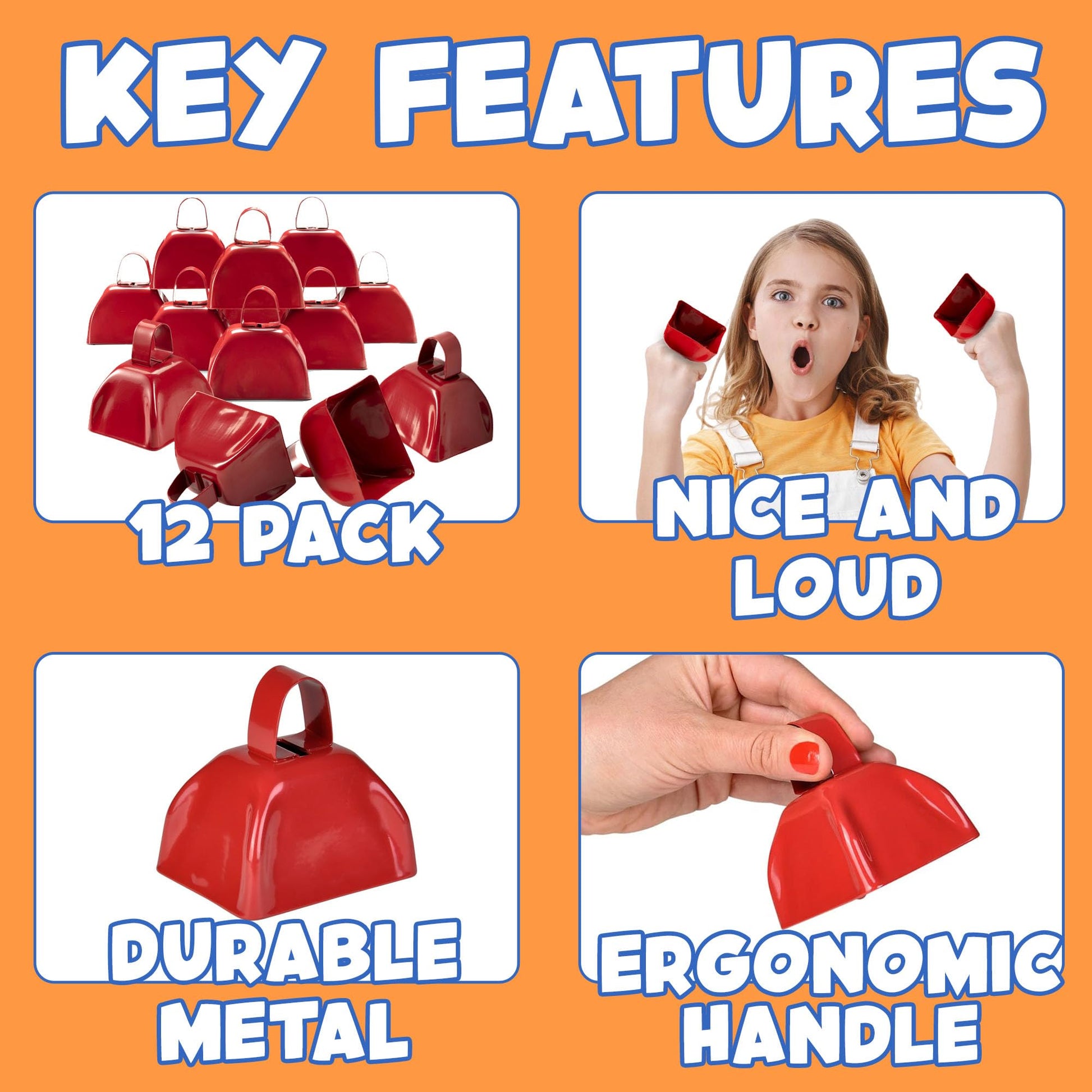 Metal Cowbell - 12 Pack, 3 Inch Red Cow Bells for Sporting Events, Cheering, Spirit, Loud Cow Bell Ideal Hand Percussion Cowbells Noise Makers for Sporting Events, Football Games, and Celebrations