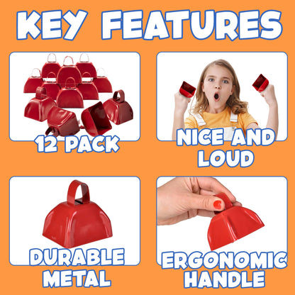 Metal Cowbell - 12 Pack, 3 Inch Red Cow Bells for Sporting Events, Cheering, Spirit, Loud Cow Bell Ideal Hand Percussion Cowbells Noise Makers for Sporting Events, Football Games, and Celebrations
