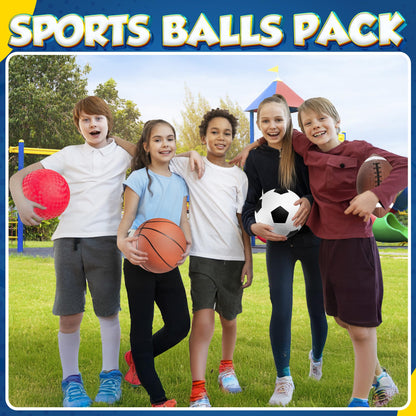 8.5” Sports Balls for Kids & Toddlers - (Pack of 4) Rubber Inflatable Multi-Sport Ball Set - Football, Soccer Ball, Basketball, Playground Ball & Pump - Birthday Gift Toys for Boys & Girls