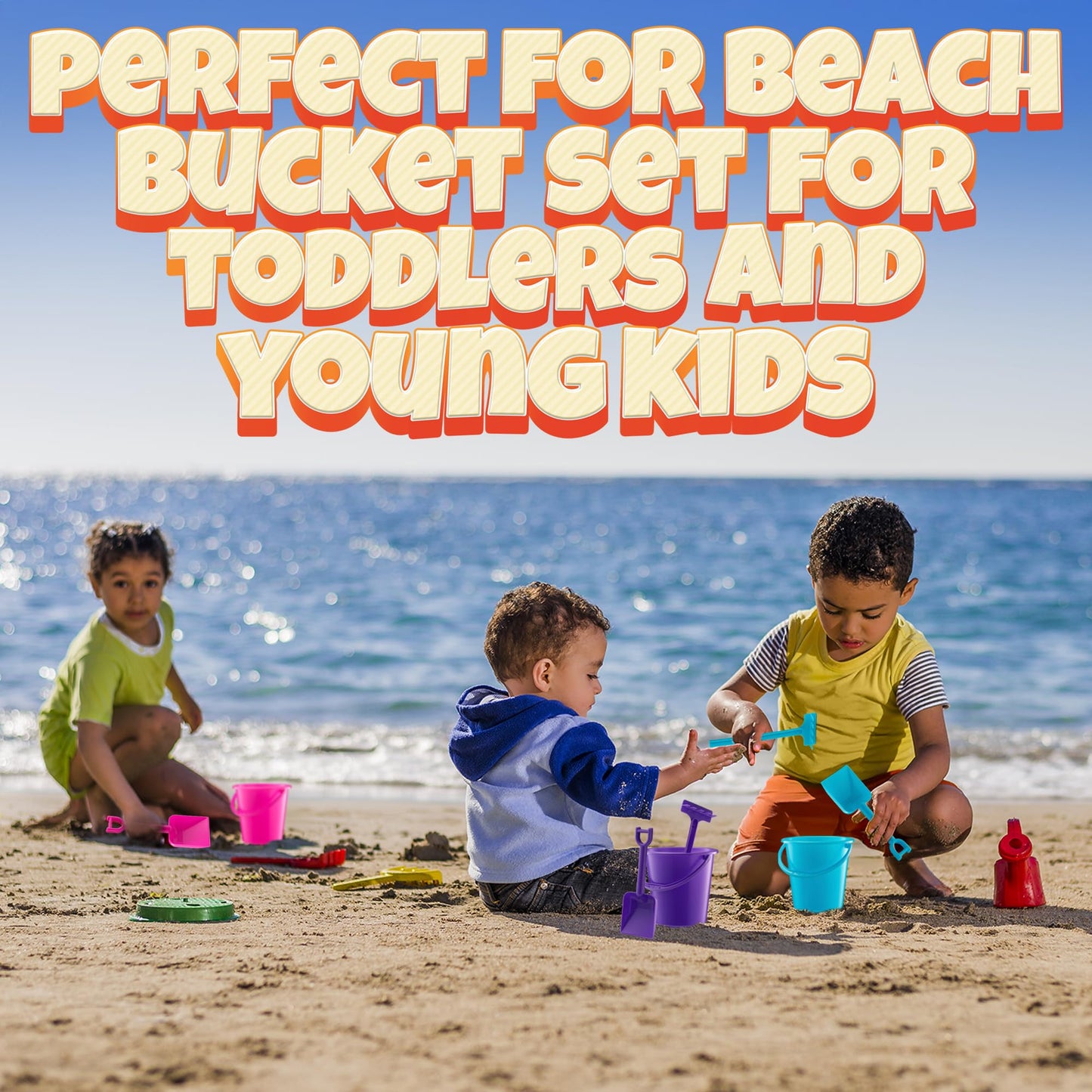 Mini 4.5-Inch Beach Buckets for Kids - (12 Pack) Sand Buckets and Shovels w/Rakes & Mesh Bags - Small Beach Pails - Sturdy Unbreakable Plastic - Beach Party Favors & Giveaways for Toddlers Ages 3-6