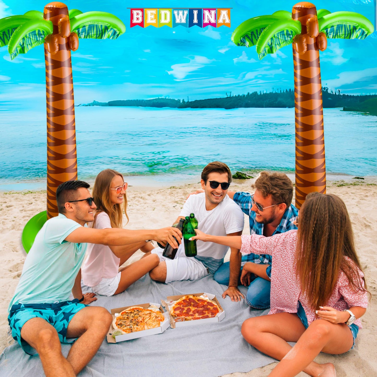 Bedwina Inflatable Palm Tree with Hand Pump - Pack of 2 Large 5.5 Ft Blow Up Palm Tree for Luau Party Decorations, Hawaiian Tropical Birthday Party
