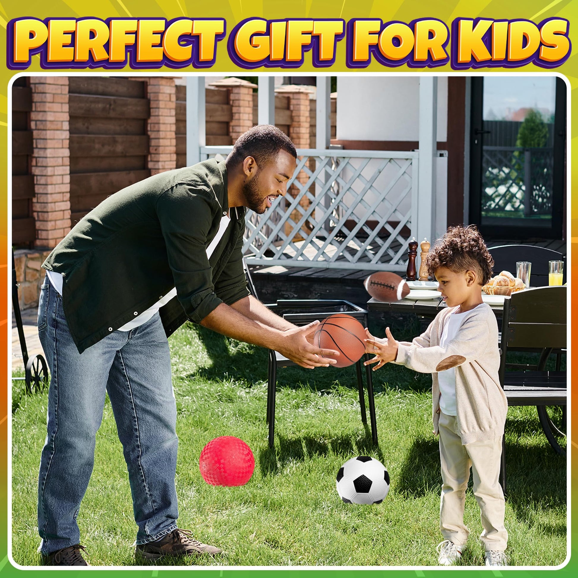 Sports Balls for Kids & Toddlers - (Pack of 4) 5-inch Sports Set Includes Football, Small Size Soccer, Basketball, and Playground Balls, Fun Indoors & Outdoor Toys (Hand Pump Included)