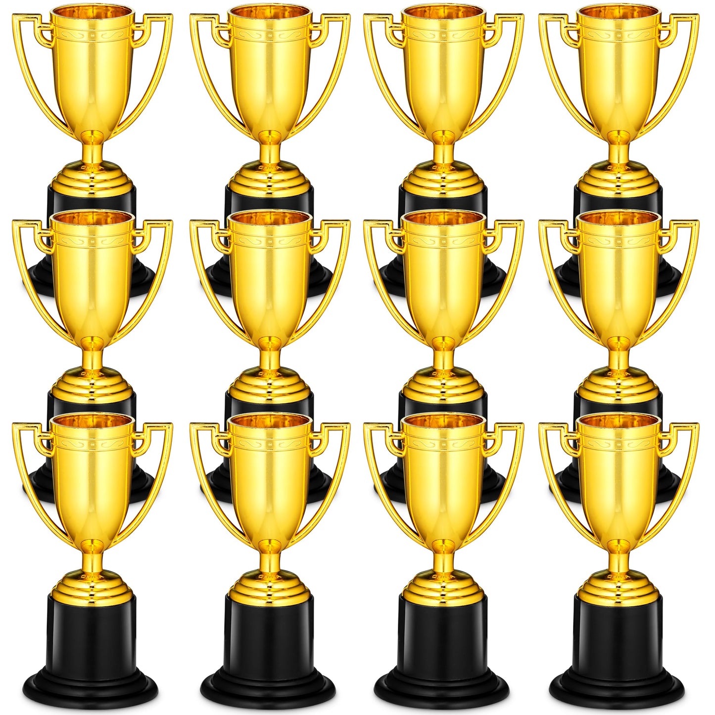 Bedwina Mini Gold Trophy Award Cups - Pack of 12 Bulk - 4 Inch Plastic Gold Cup Trophies for Party Favors, Props, Rewards, Winning Prizes, Competitions for Kids and Adults
