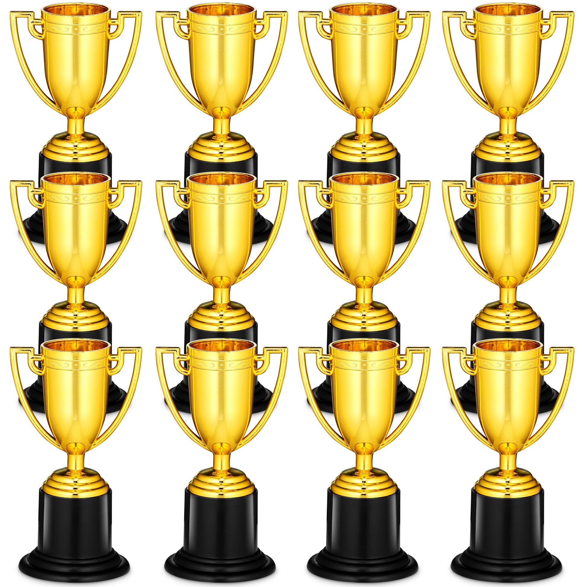 Bedwina Mini Gold Trophy Award Cups - Pack of 12 Bulk - 4 Inch Plastic Gold Cup Trophies for Party Favors, Props, Rewards, Winning Prizes, Competitions for Kids and Adults