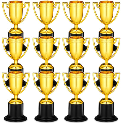 Bedwina Mini Gold Trophy Award Cups - Pack of 12 Bulk - 4 Inch Plastic Gold Cup Trophies for Party Favors, Props, Rewards, Winning Prizes, Competitions for Kids and Adults