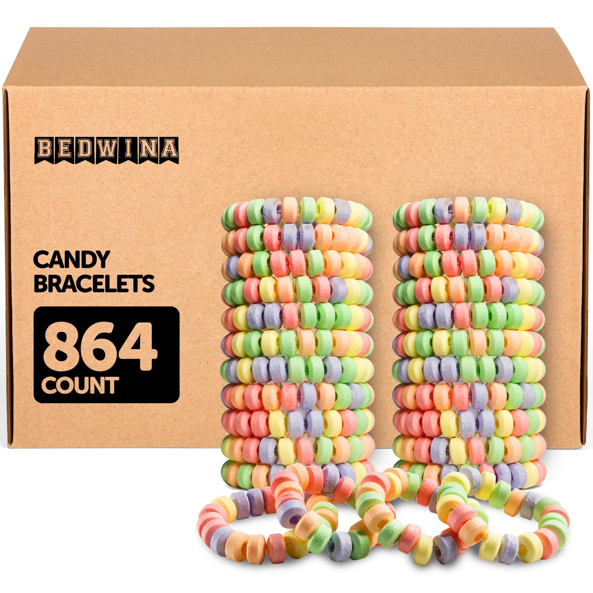 Candy Bracelets - Bulk Case 864 Pcs, Individually Wrapped - 2.5 Inch Candy Jewelry Bracelets, Stretchable, Edible, Colorful Fruit Flavor Rainbow Candies for Novelty Party Favor Supplies & Goodie Bags