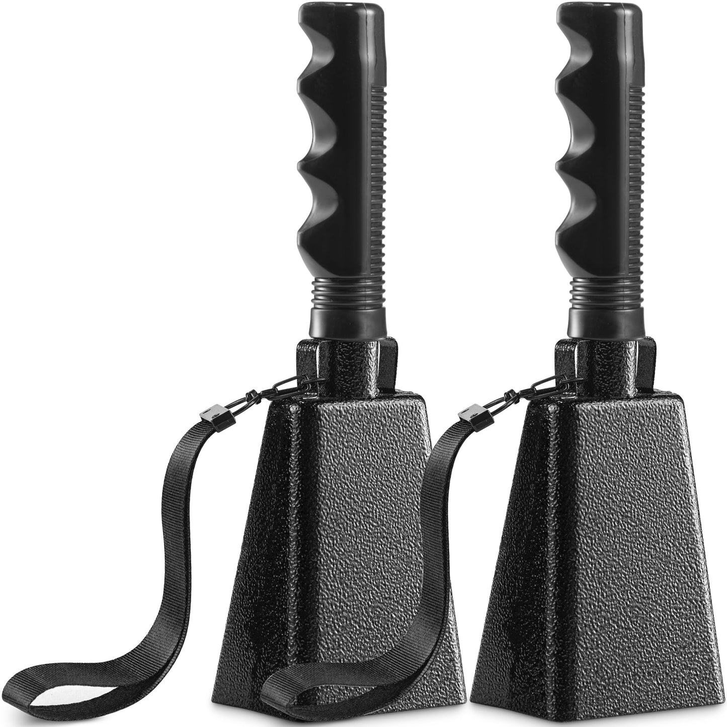 9" Metal Cowbells with Handle - (2 Pack) Cow Bells Loud Cheering Noise Makers for Sporting Events, Football Games, School Spirit, Rallies & Celebrations - Black Steel Percussion Music Instrument