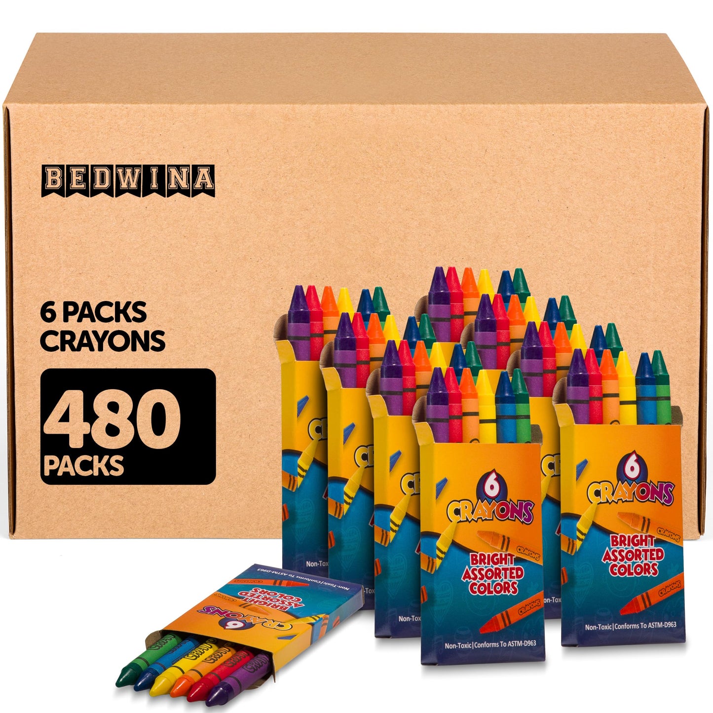 Bedwina Bulk Crayons Case of 480 6-packs Total 2880 Color Crayon Bulk School Supplies For Kids & Toddler, Teachers & Classroom, Nontoxic Travel Crayons Party Favors, Restaurants, Goody Bags Stuffers