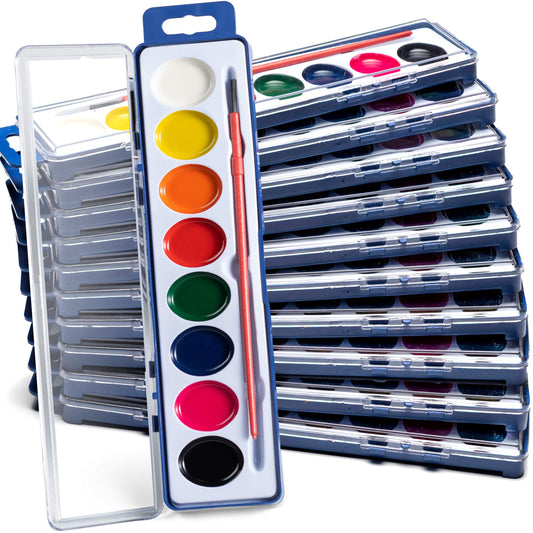 Bedwina Watercolor Paint Set- Bulk of 60 Sets - 8 Water Color Washable Paints, Palette Tray and Painting Brush, for Art Schools and Paint Party Supplies