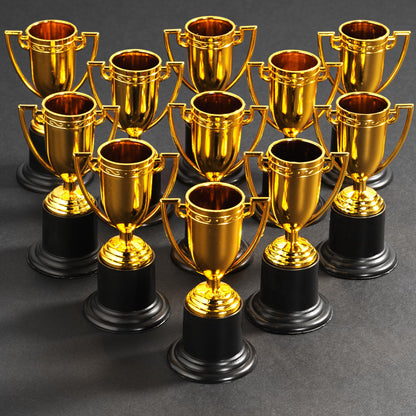 Bedwina Mini Gold Trophy Award Cups - Pack of 12 Bulk - 4 Inch Plastic Gold Cup Trophies for Party Favors, Props, Rewards, Winning Prizes, Competitions for Kids and Adults