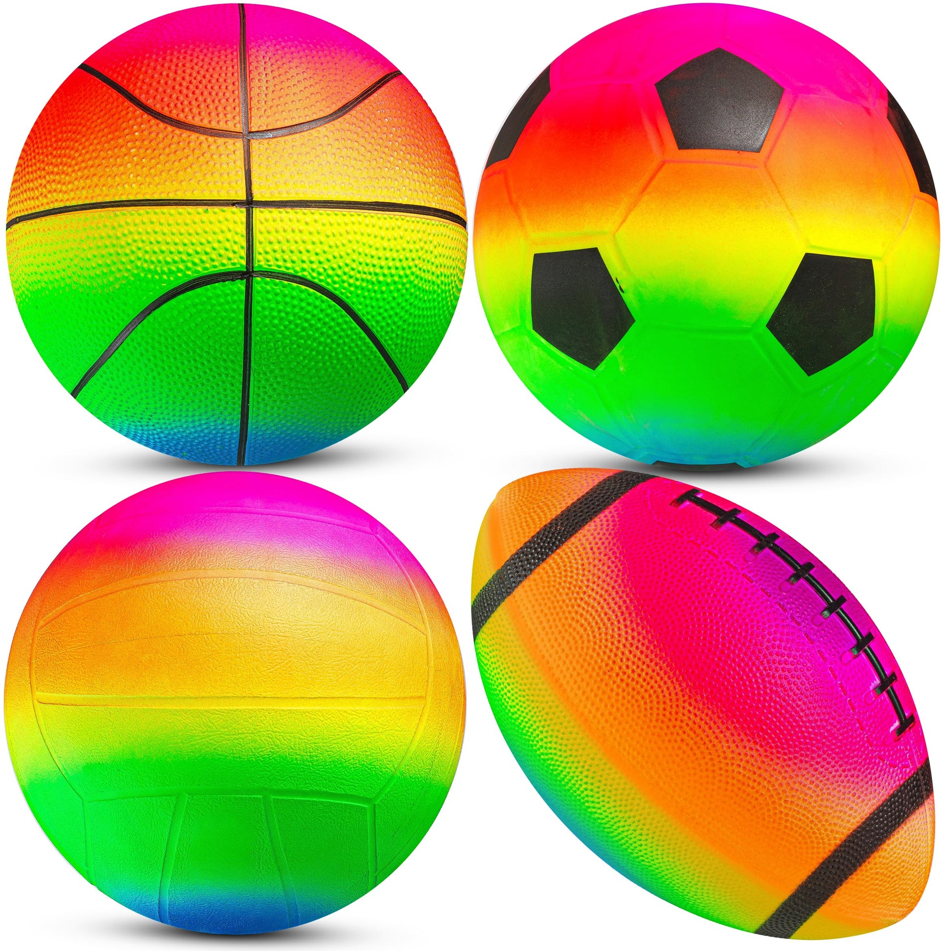 PlayBolt Sports Ball Set (4 Pack, 5-Inch) - Rainbow Mini Basketball, Soccer, Football & Playground Balls w/Hand Pump - Fun Indoor Outdoor Toys for Toddlers, Little Kids, Preschoolers & Early Play