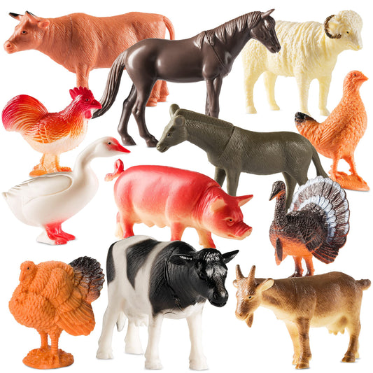 Bedwina Large Farm Animal Toys - 12 Pack - Plastic Farm Animals for Kids, Realistic 3-5 Inch Ranch / Barnyard Toy Figures Styles Include Sheep, Horse, Goat, Duck, Chicken, Turkey, Cow, Pig