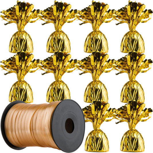 5.5" Gold Balloon Weights Pack of 12 - Metallic Balloon Holder Table Weight with Gold Curling Ribbon Roll (500-Yards) Heavy Foil Wrapped Anchors for DIY Décor, Centerpiece, Birthday Party Decorations