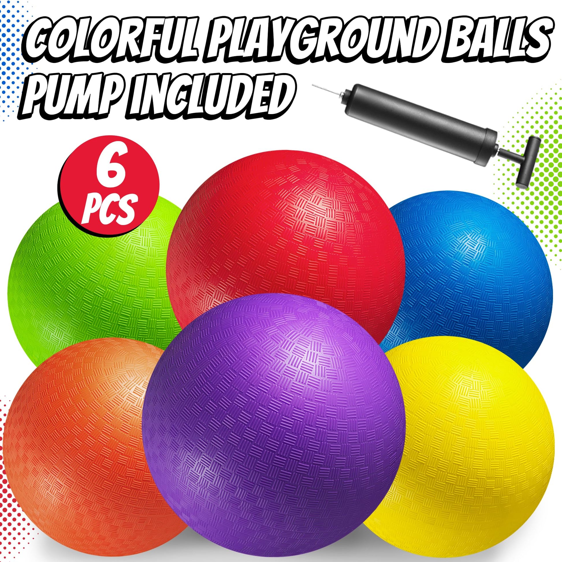 8.5 Inch Playground Balls Dodgeballs for Kids & Adults - (Pack of 6) Inflatable Rubber Indoor Outdoor Bouncy, Kickballs, Four Square and Handballs for School, Gym, Recess and More with Ball Pump
