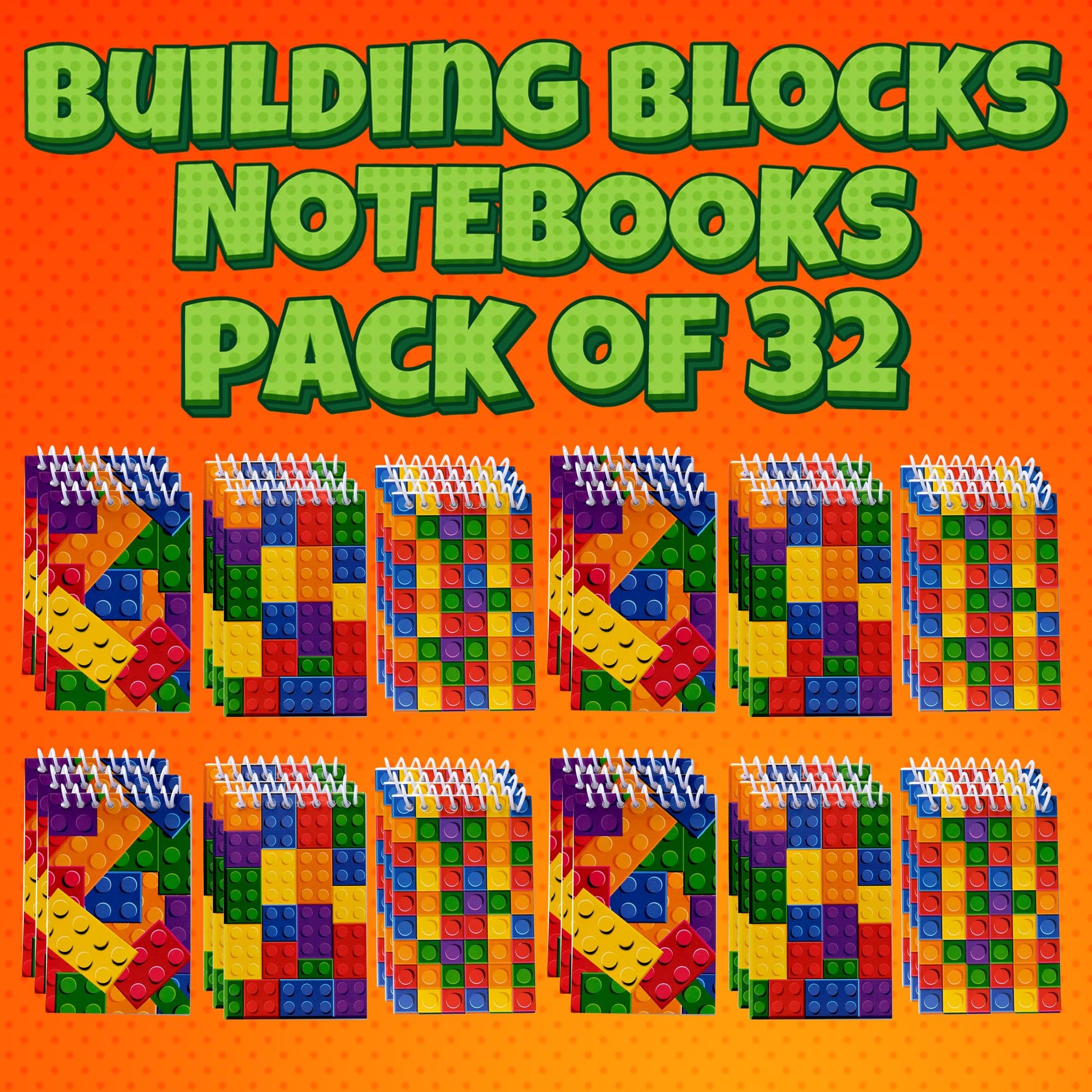 Bedwina Mini Building Block Notebooks (Bulk of 32) Spiral Notepads In Assorted Brick Styles, In Kids Pocket Size, For Birthday Party Favors, Goodie Bag Stuffers, Children Classroom Rewards
